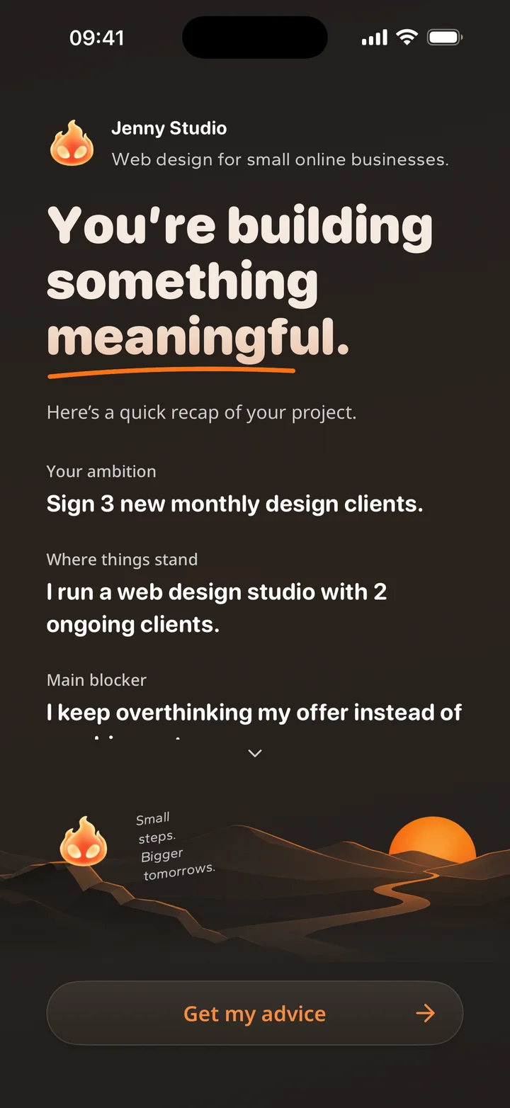 Mentor recaps an example business goal, current situation, and main blocker