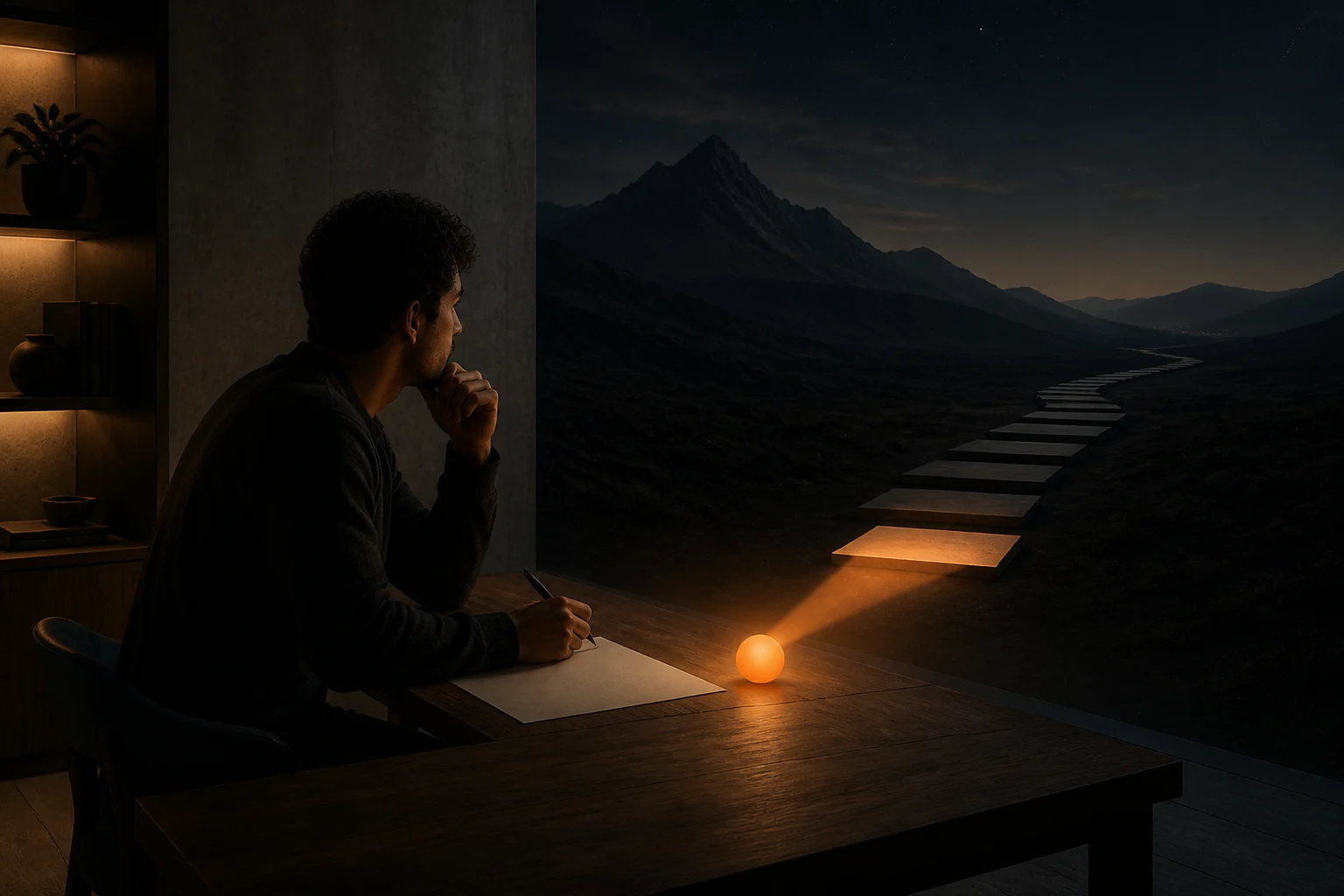 A glowing guide light beside a person planning the next step at night