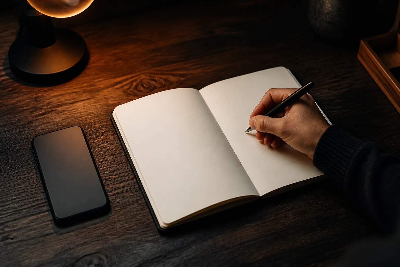 An iPhone resting beside a notebook during a focused work session