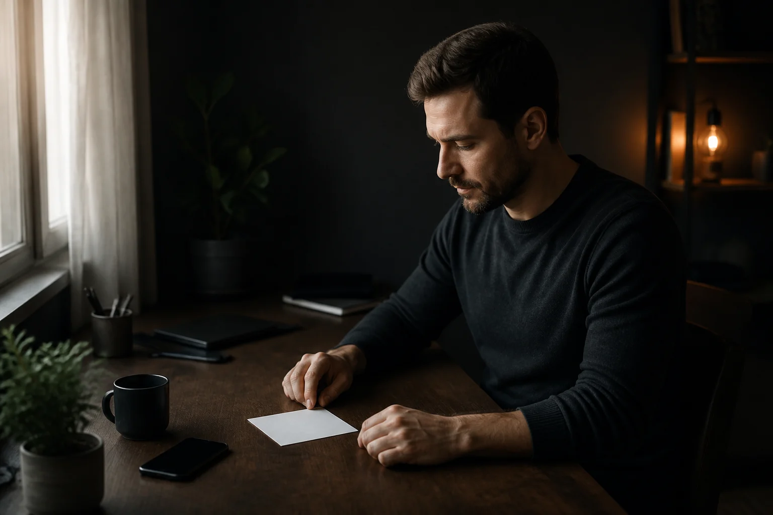 A focused person reviewing a simple goal card at a quiet desk