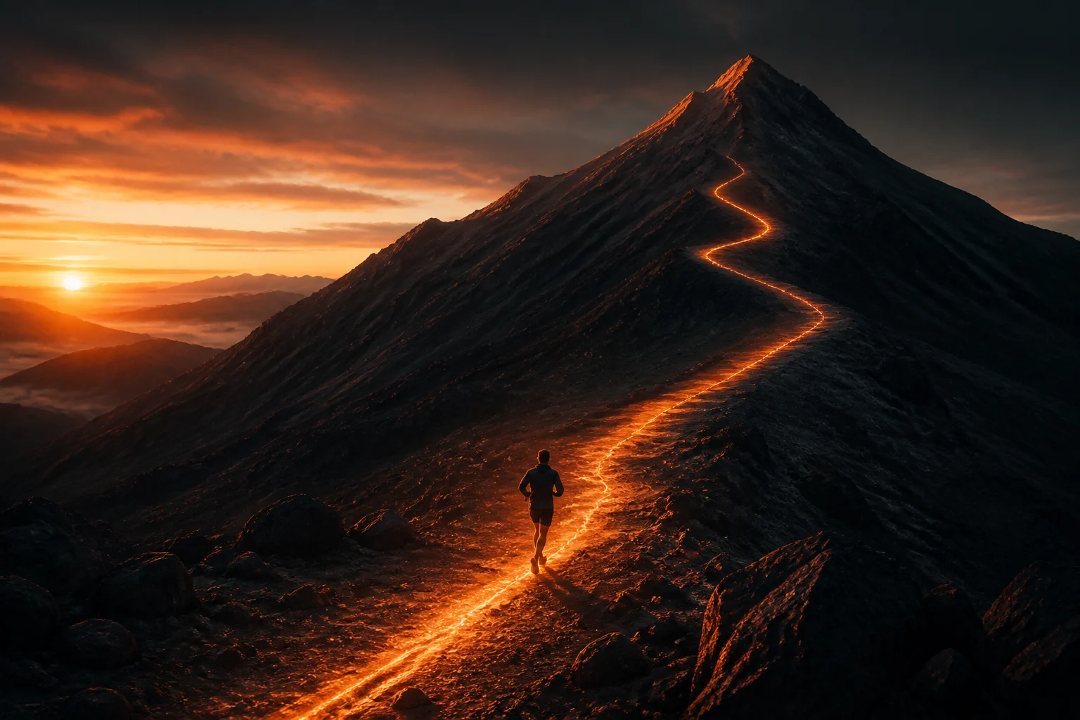 A runner following an illuminated trail toward a mountain summit at dawn
