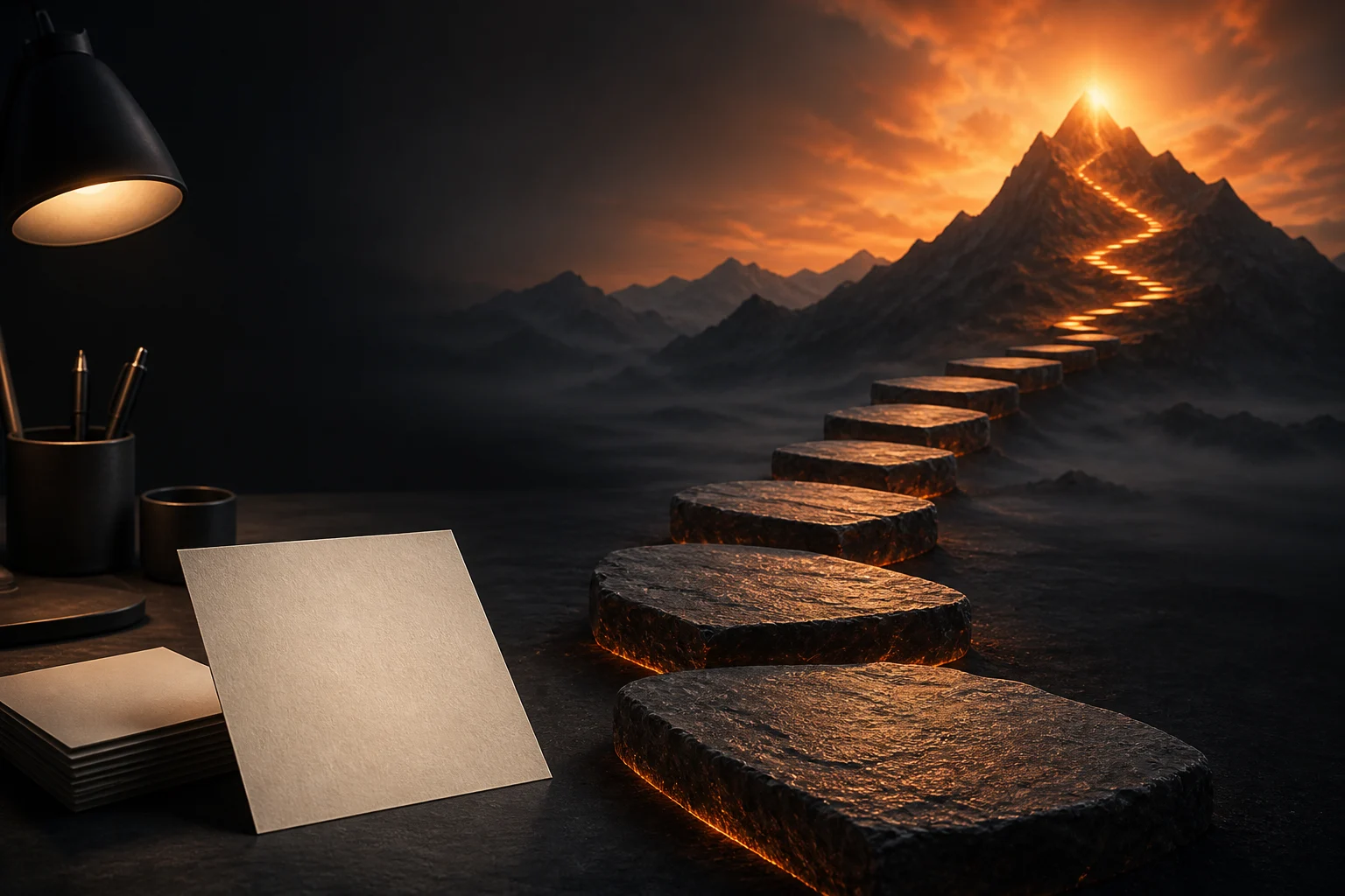 A set of stepping stones leading from a desk toward a bright mountain path