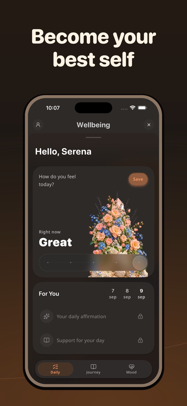 Mentor Wellbeing screen showing a daily mood check-in and personal journey