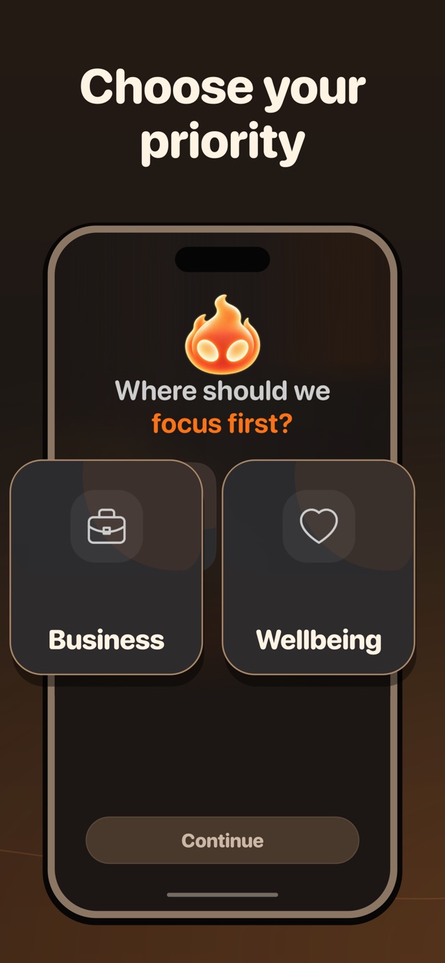 Mentor onboarding screen offering Business and Wellbeing as starting priorities