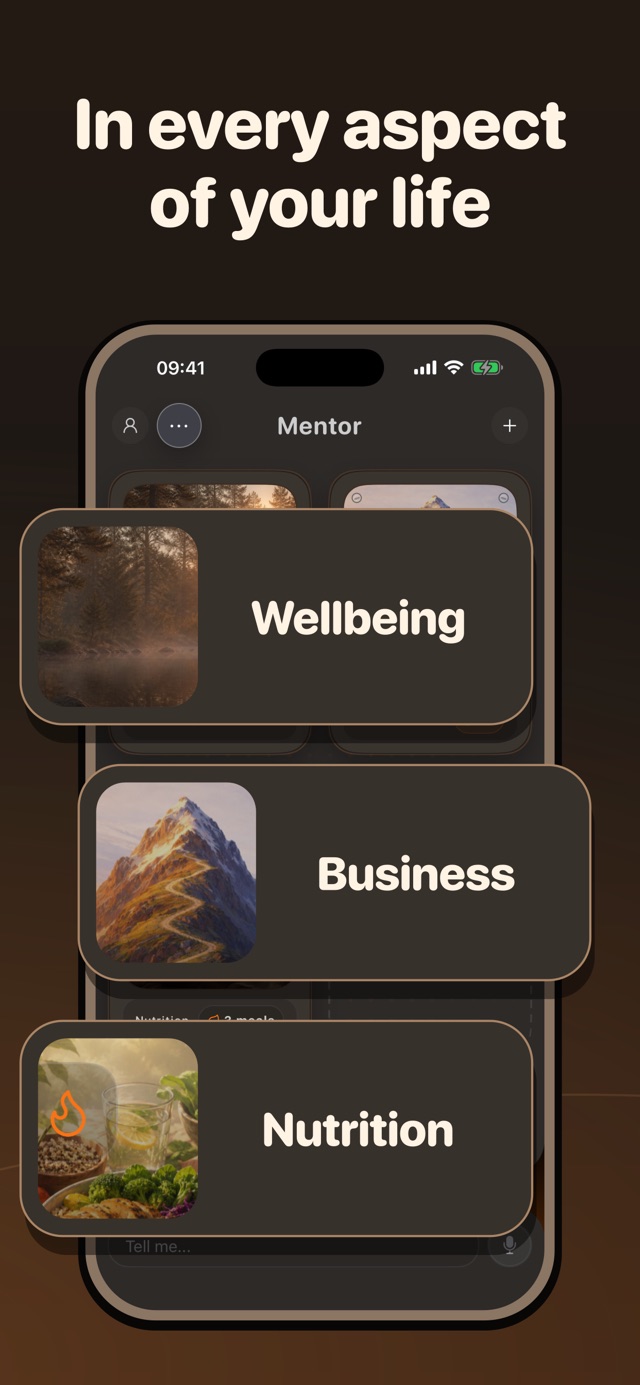 Mentor app showing connected spaces for Wellbeing, Business, and Nutrition